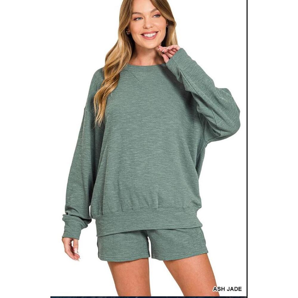 #2531 Zenana NWOT Ash Jade Cotton Slub Pullover & Shorts 2 Pc Set Size Small